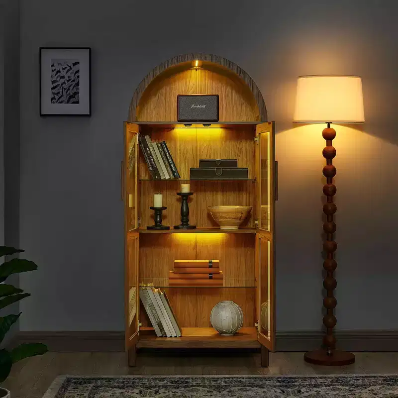 MAYEERTY High Arched Storage Cabinet with Lamp, Modern Retro-Style Wooden Storage Cabinet with Adjustable Glass Partitions Brown