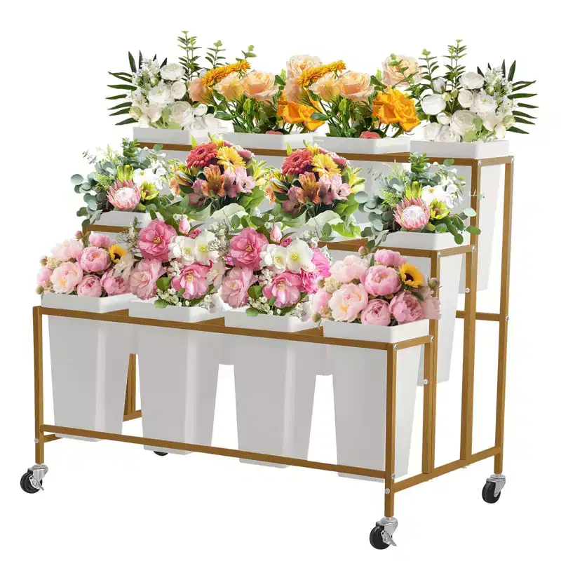 Flower Display Stand,3 Tier Flower Cart with 12 Round Buckets and Wheels, Moving Flower Cart Display Stand for Garden, Wedding, Flower Shop