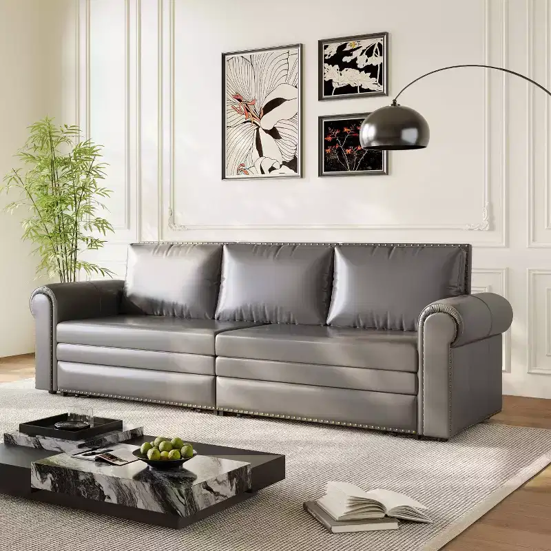 MAYEERTY 93.7 King Pull Out Sofa Bed, 3-in-1 Faux Leather Convertible Sleeper Sofa with Nailhead Trim& Rolled Arm Gray
