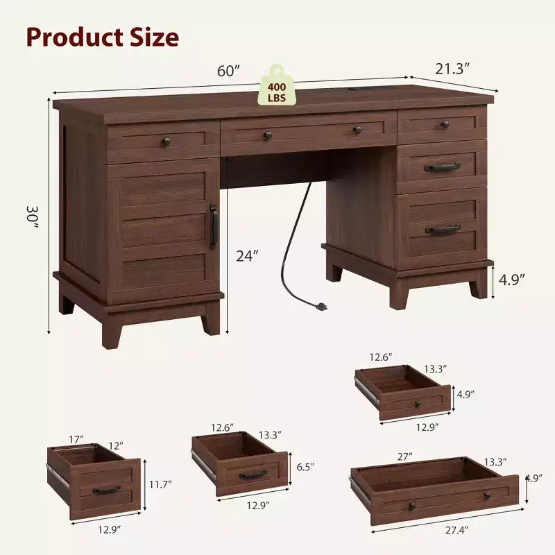 Executive Desk with File Drawers, Farmhouse Home Office Desk with Charging Station, 60 Wooden Computer Desk with Cabinet Storage for Work Study
