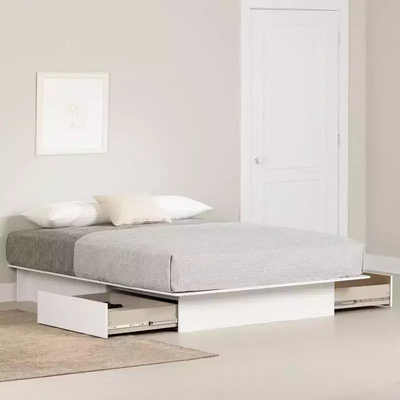 Queen Fusion 2 Drawer Platform Bed Pure White - South Shore: Contemporary Solid Wood & MDF Frame, Under Bed Storage