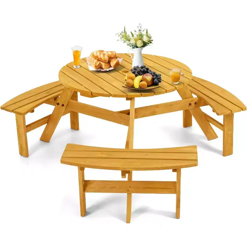 Zevemomo 6 Person Wood Picnic Table,Round Tabletop with Umbrella Hole,3 Built-in Curved Benches,1720LBS Total Capacity for Garden, Light Wood Color