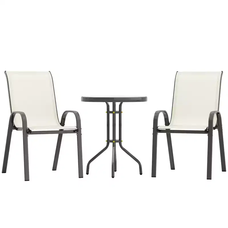 3 Pieces Bistro Set, Small Patio Furniture Set with Stackable Chairs and Glass Table for Backyard, Balcony