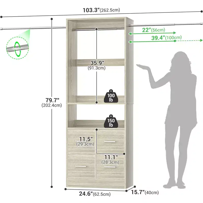 25 To 103 Closet System with Four Farbric Drawers