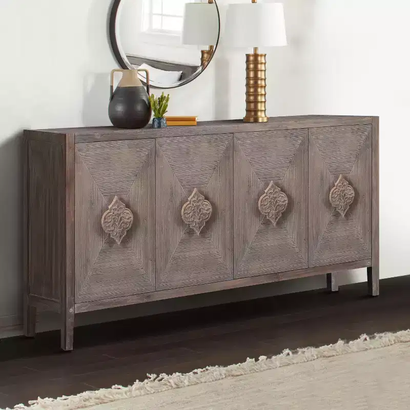 Antique Brown 4-Door Wood Cabinet with Carved Handles, 1-Person Assembly