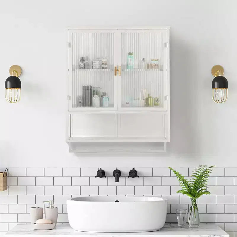Wall-Mounted Cabinet with Double Glass Doors and Adjustable Shelves