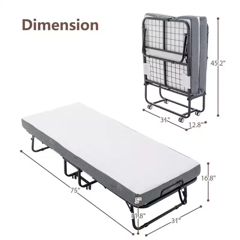 Folding Bed with Mattress, Portable Foldable Bed with 5Memory Foam Mattress and Metal Frame,Roll Away Bed Guest on Wheels with Side Storage Pocket