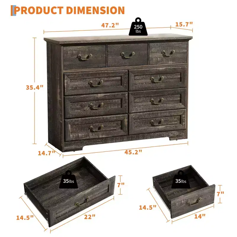 COZONY 47 Vintage 9 Drawer Dresser for Bedroom, Wooden Chest of Drawers with Natural Wood Texture, Large Storage Organizer for Closet, Living Room