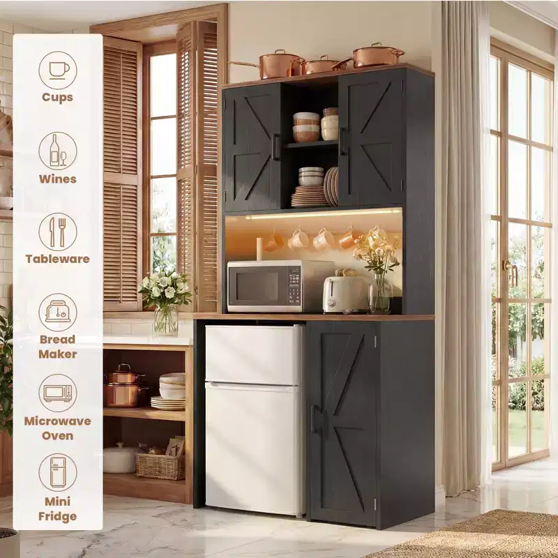 Besiost Kitchen Pantry Cabinet with Mini Fridge Space, Coffee Bar Cabinet with Storage Shelf