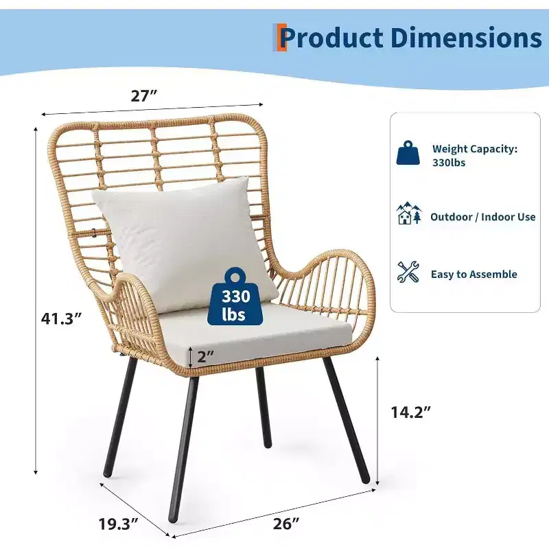 Wicker Patio Chairs Set of 4, Outdoor Rattan Furniture with Cushions & Pillows, Boho Patio Chairs for Porch, Garden, All-Weather, Easy Assembly