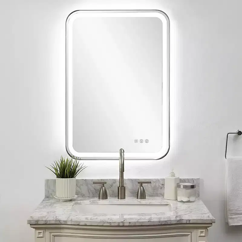 LED Lighted Rectangle Wall Mirror – Polished Nickel Stainless Steel Frame, 22