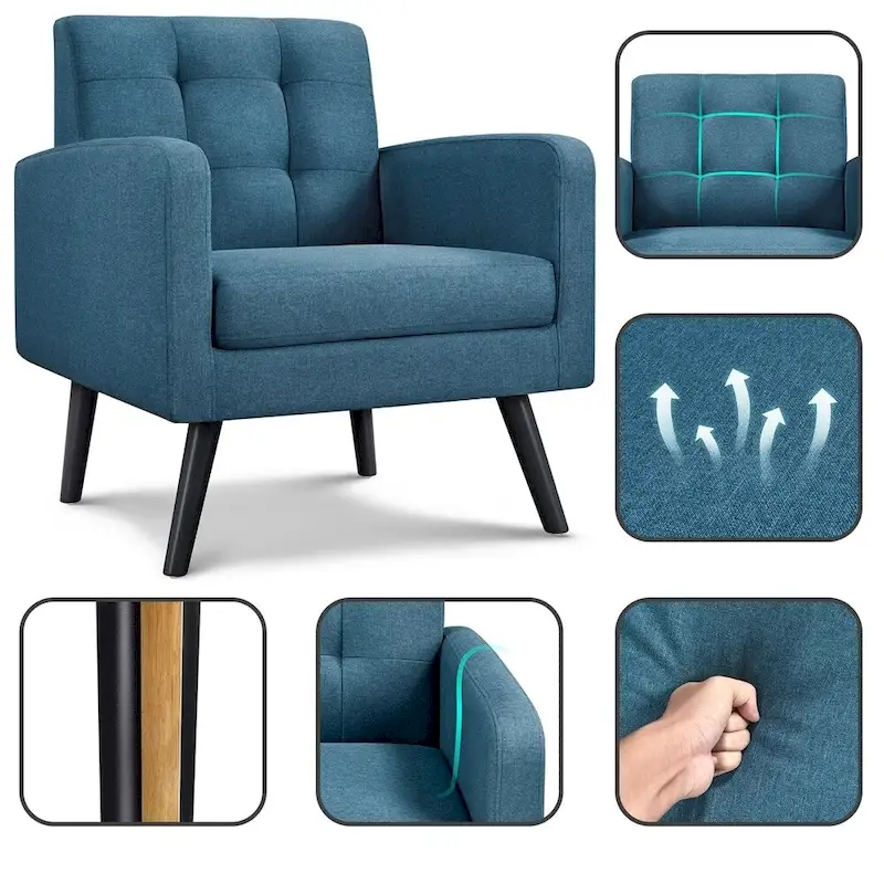Yaheetech Mid Century Modern Fabric Arm Chair Tufted Accent Chair with Rubber Wooden Leg