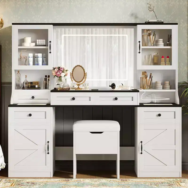 Whisen Farmhouse Makeup Vanity Table with LED Touch Mirror, Cushioned Storage Stool, Glass Top, Charging Station and Ample Storage Space - White