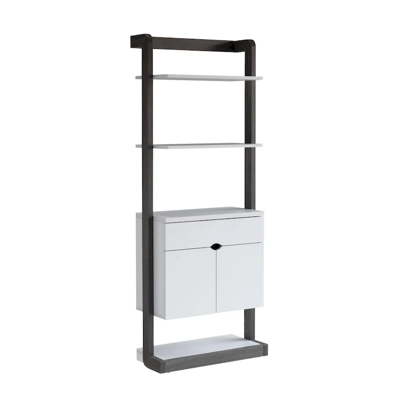 65 Inch Modern Display Cabinet with 4 Shelves and Drawer - Distressed Gray
