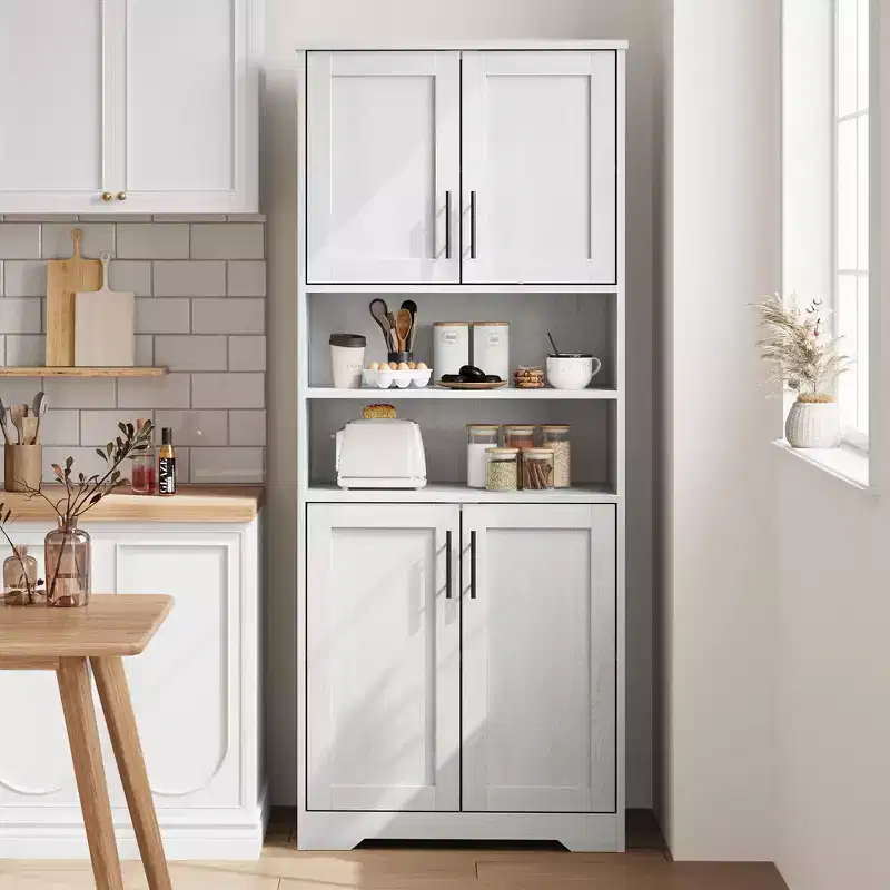 TROPOW 67 Tall Storage Cabinet, Tall Bathroom Cabinet with 4 Doors and Adjustable Shelves, Cupboard for Dining Room, Antique White