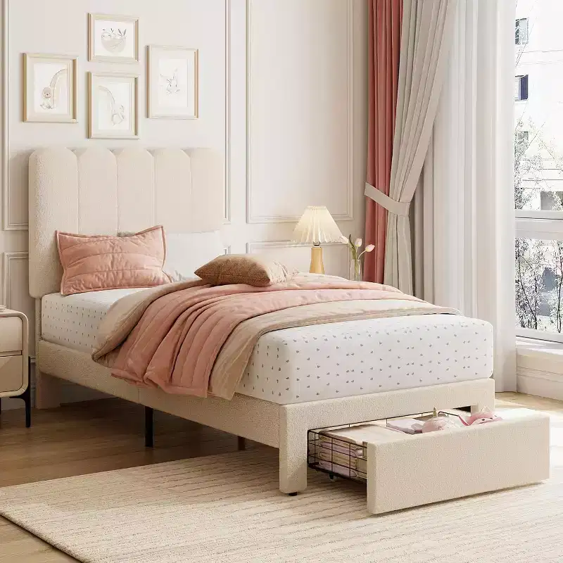 Twin Size Bed Frame with Under Bed Drawer, Upholstered Platform, Wave Headboard, Wooden Slats Support, No Box Spring Needed, Beige