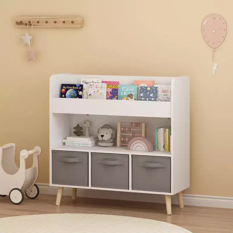 Kids Front-Facing Bookshelf with 3 Fabric Bins, 4-Tier Book Display and Toy Storage Organizer for Playroom, White/Gray