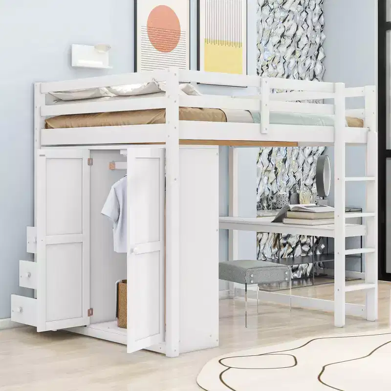 Okak Wood Bunk Bed with Built-in Wardrobe, Storage Shelves, Loft Bunk Bed with Desk & Drawers for Teens, Easy Assemble