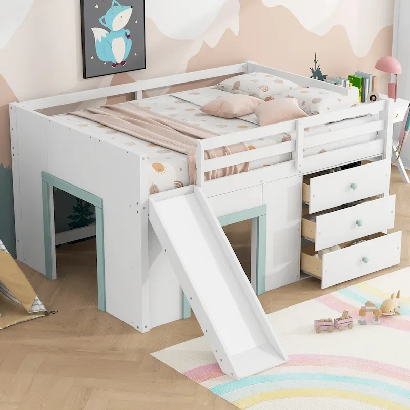 White Full Size Low Loft Bed with Slide, 3 Storage Drawers and 2 Doors for 1 Person