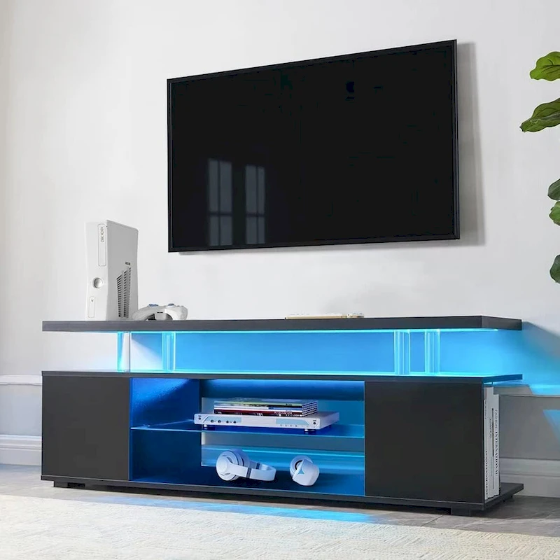 Center Media Storage Console Table with Large Side Cabinet for Living Room - White
