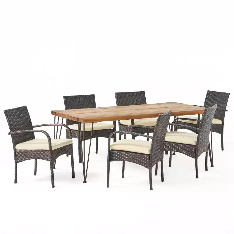GDFStudio Santa Outdoor Wicker and Acacia Wood 7 Piece Dining Set with Cushion, Teak/Multibrown
