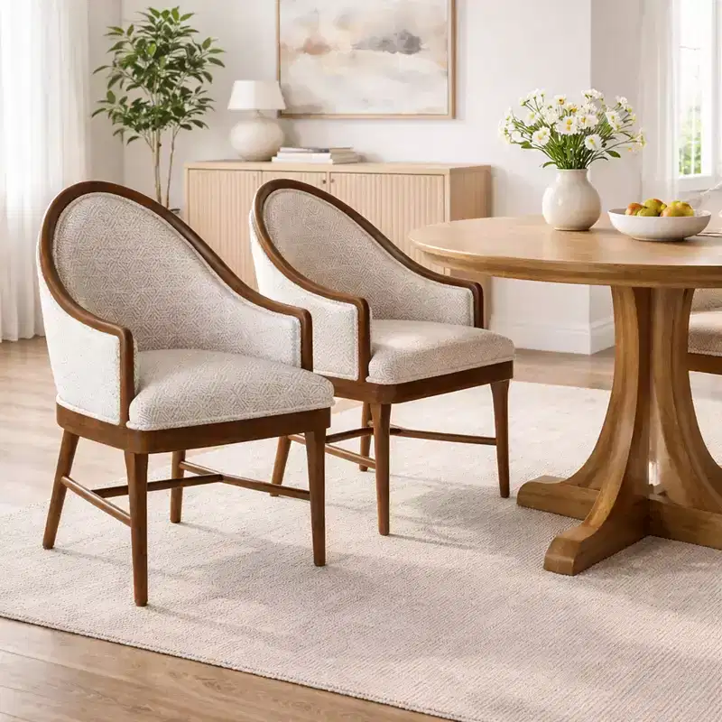 Set of 2 Mid-Century Modern Dining Chairs, Twill Upholstered Curved Armchairs with Solid Rubberwood Frame, Beige Accent Kitchen Chairs
