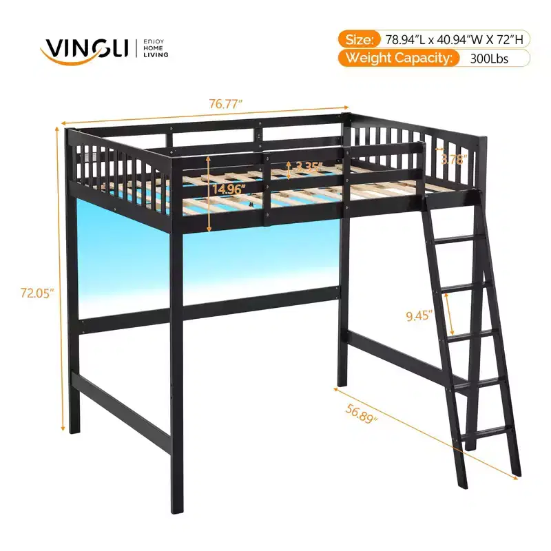 VINGLI Twin Wood Loft Bed with USB Charging Station/LED, Solid Wood Bed with Flat Rungs, 15 inches High Guardrail, No Box Spring Needed, Black