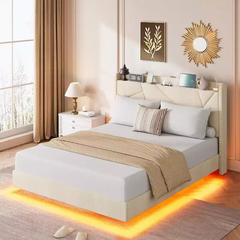 Beige / Black / Gray Upholstered Floating Platform Bed, LED Lights, Storage Headboard, Full / Queen / King, 1 Person
