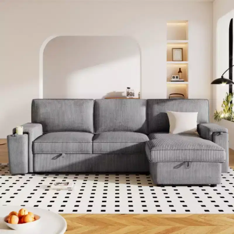 Sectional Sofa Bed with Upholstered Finish, Integrated Storage Pockets, and Two Cup Holders on the Arms