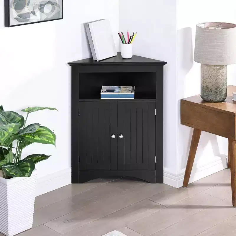 Corner Storage Cabinet with 2 Doors & Adjustable Shelves – Rustic Brown