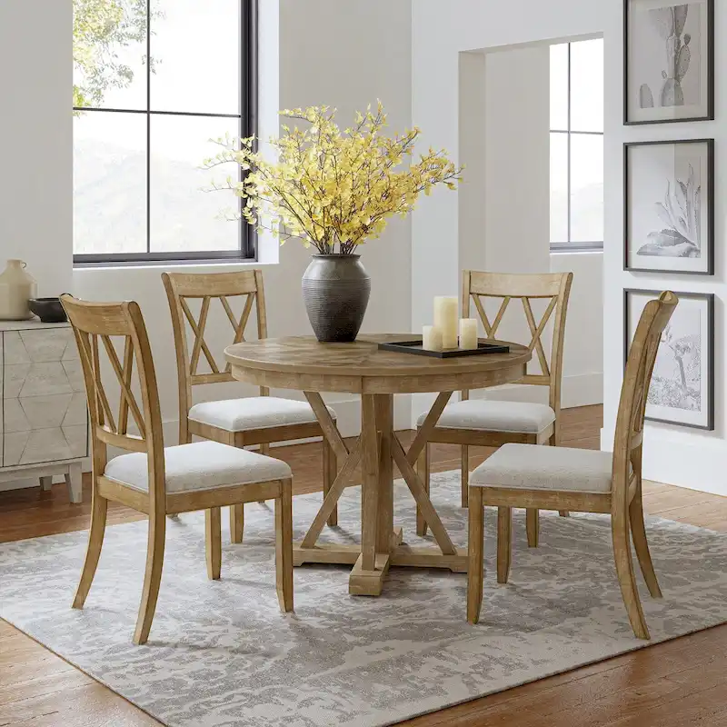 Nuria Farmhouse 5-Piece Round Natural Dining Set with 4 Chairs and Round Table by HULALA HOME