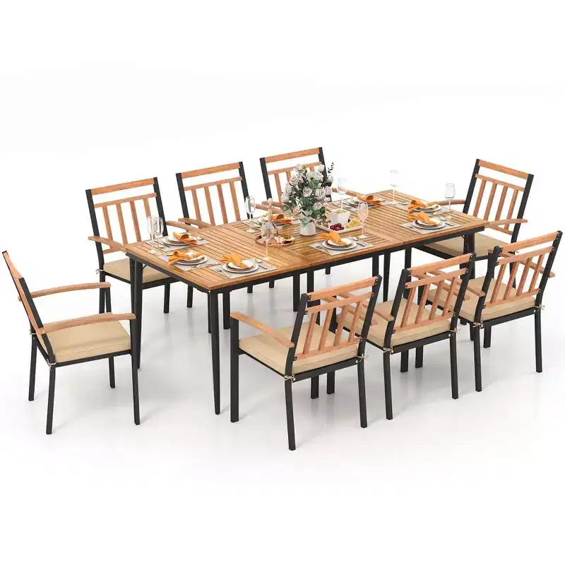 Costway 9 PCS Patio Dining Set 79 Rectangle Dining Tables with 8 Wooden Armchairs
