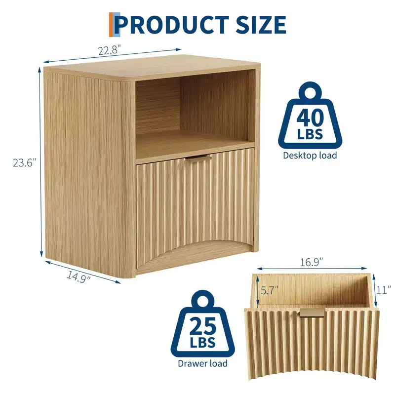 Nightstand Set of 2, 22.8 Wide Fluted Nightstand with Drawer and Storage, Mid Century Modern Nightstand, Fluted Nightstand for Bedroom Sofa Office