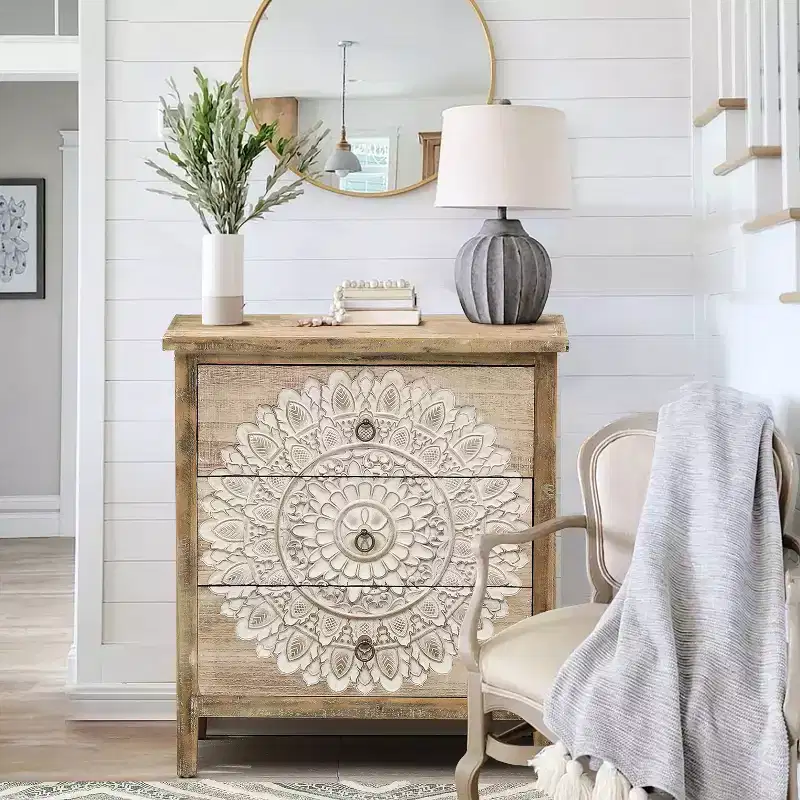 LuxenHome 3-Drawer 28.2 H x 25.2 W Natural Wood White Floral Accent Chest. Brown