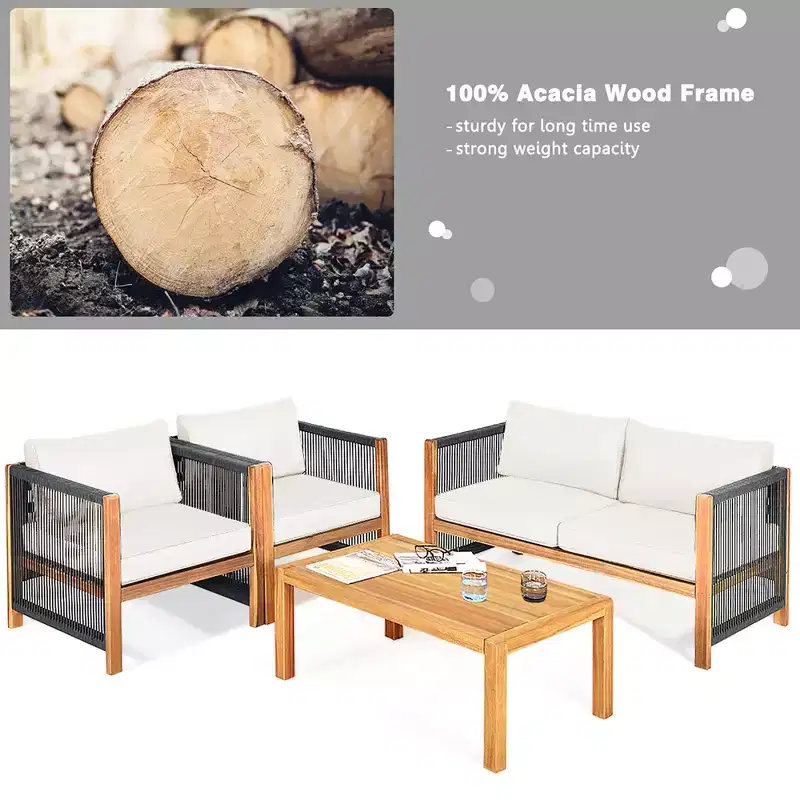 Costway 4PCS Wooden Patio Furniture Set Cushioned Sofa W/Rope Armrest White\Turquoise\Red