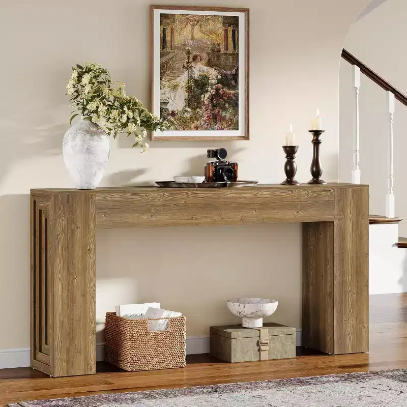 63-Inch Long Console Table, Farmhouse Narrow Sofa Table for Living Room, Entryway, Hallway, Foyer, Natural Brown
