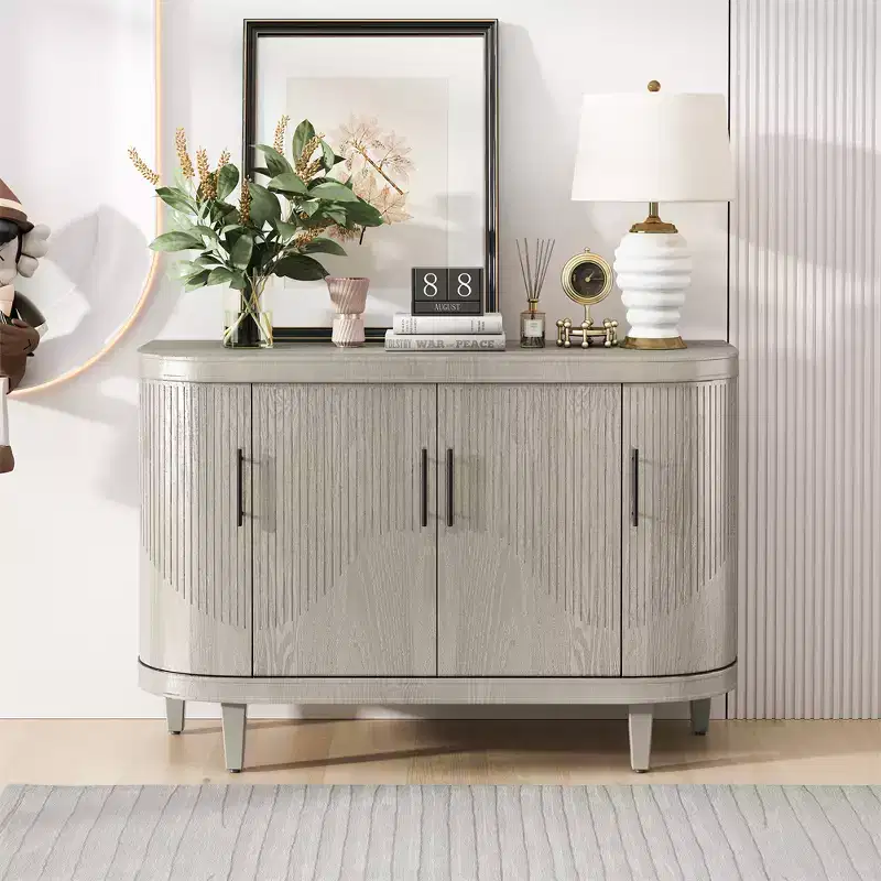 Curved Sideboard Buffet Cabinet with 4 Doors – Adjustable Shelves, Coffee Bar Cabinet for Living Room