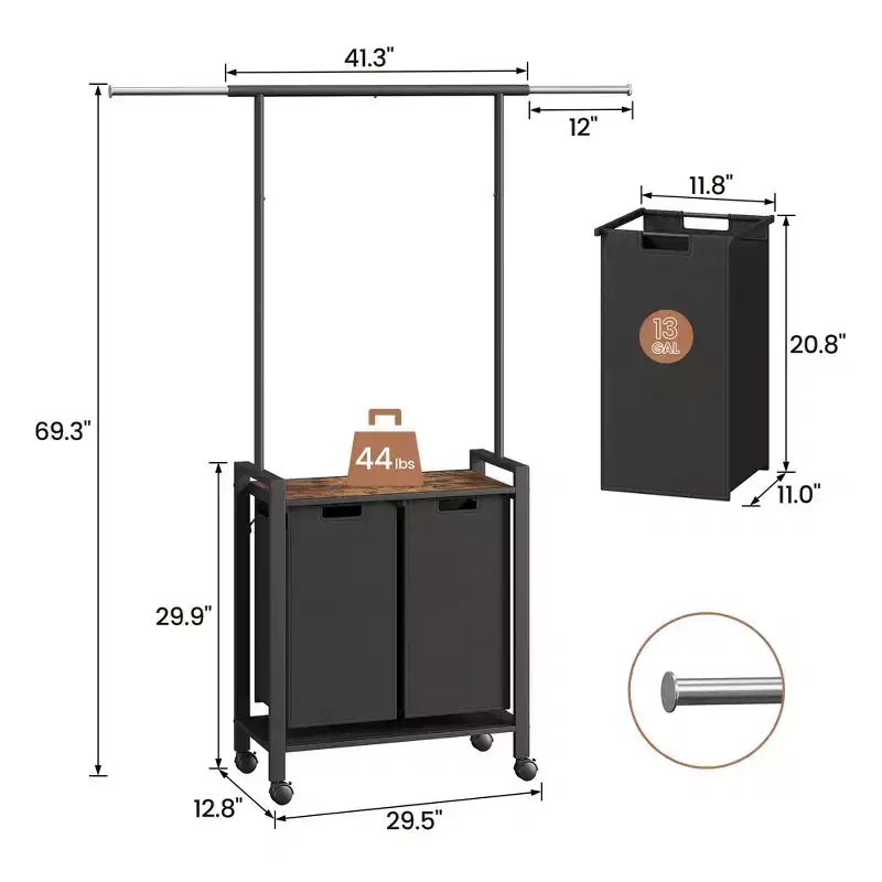 Laundry Sorter Section With Extendable Hanging Bar, Heavy Duty Laundry Basket With Rolling Lockable Wheels And Shelf, Laundry Room Organization