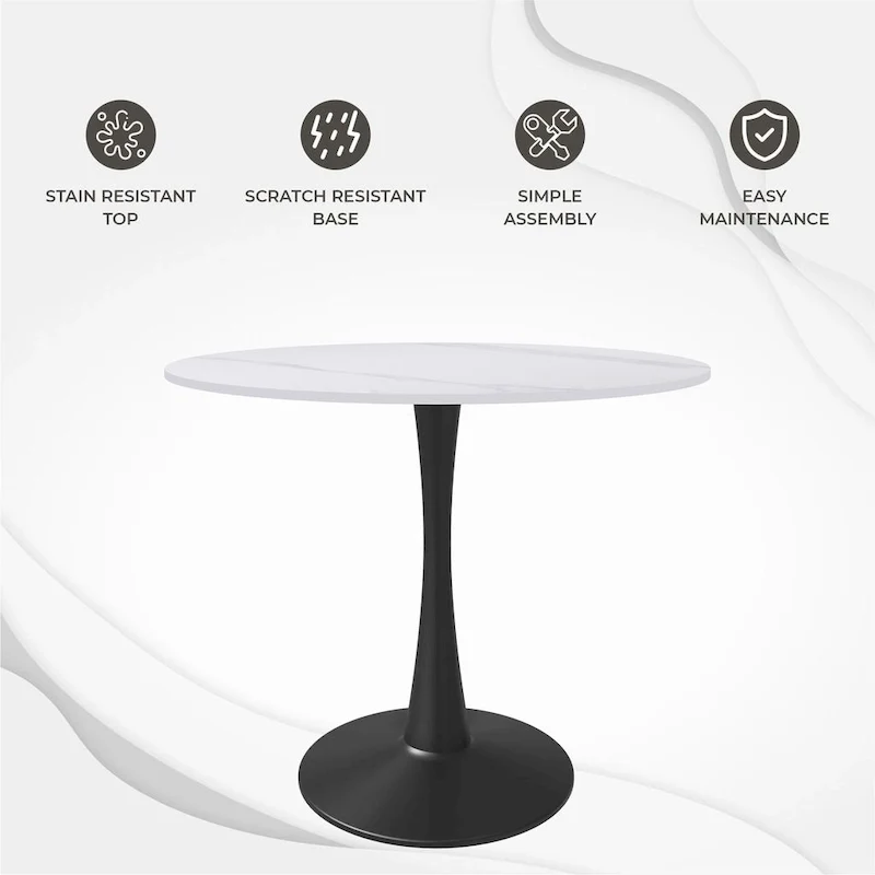 35in Round Dining Table with Sintered Stone Tabletop, Black Steel Pedestal Base, Scratch-Resistant
