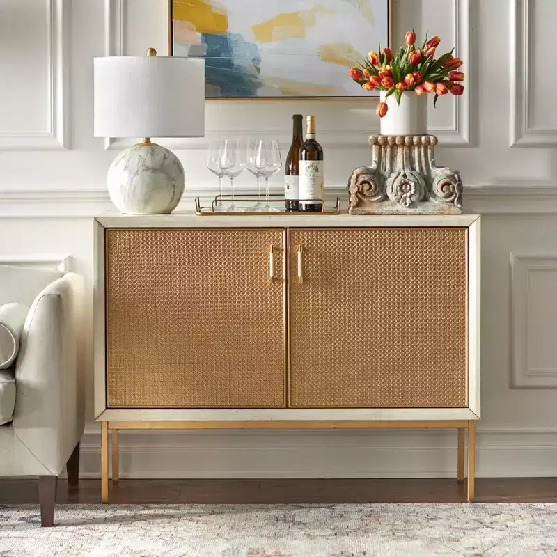 Lati Rattan Door Buffet Antique White/Natural: Glam Style Sideboard, Adjustable Shelves