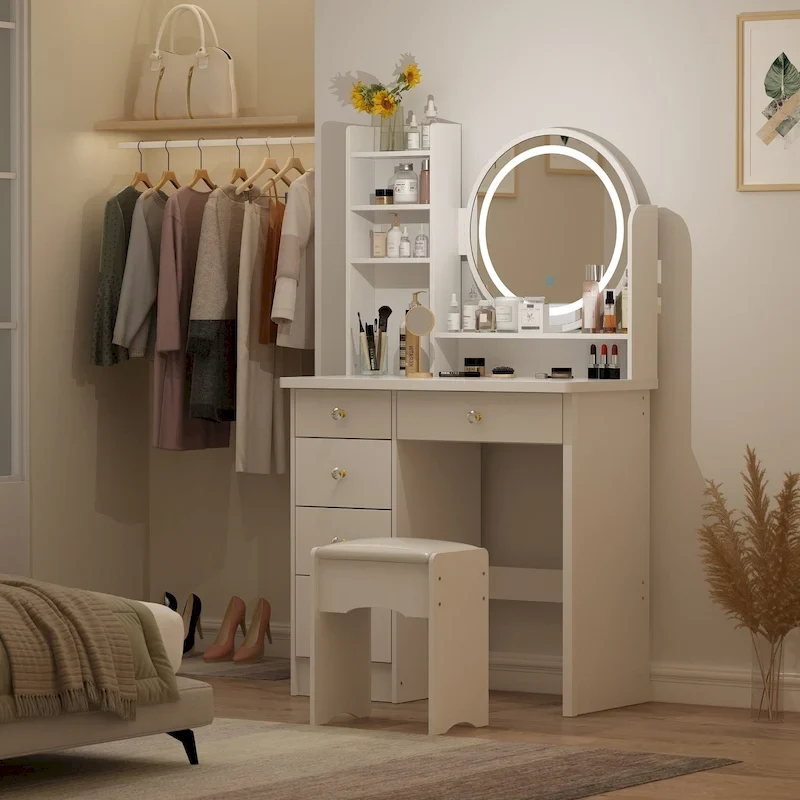 Timechee 31.5 Wide Makeup Vanity Set with Stool, Mirror,3 Color Light - 31.5W