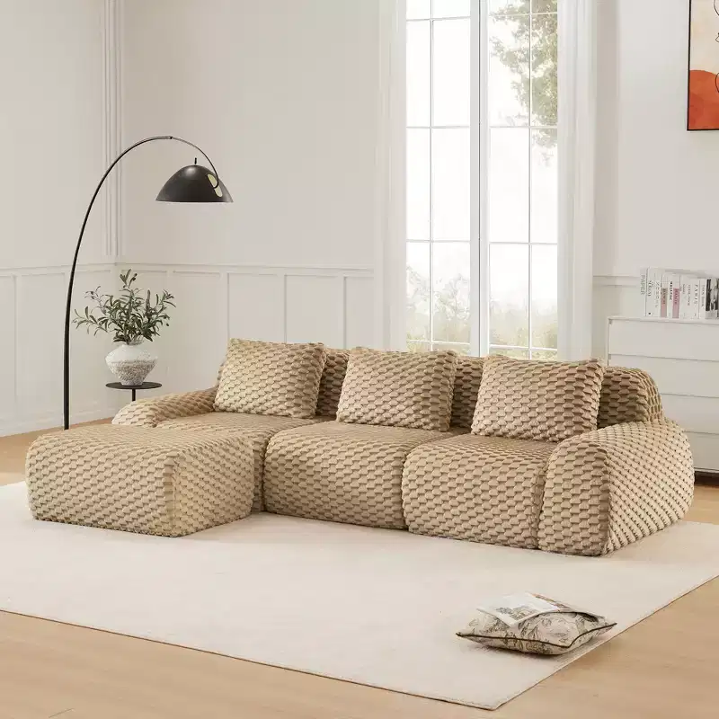114 L-Shaped Modular Sofa Flannelette 3-Seater Ottoman Buckle No Assembly Light Camel