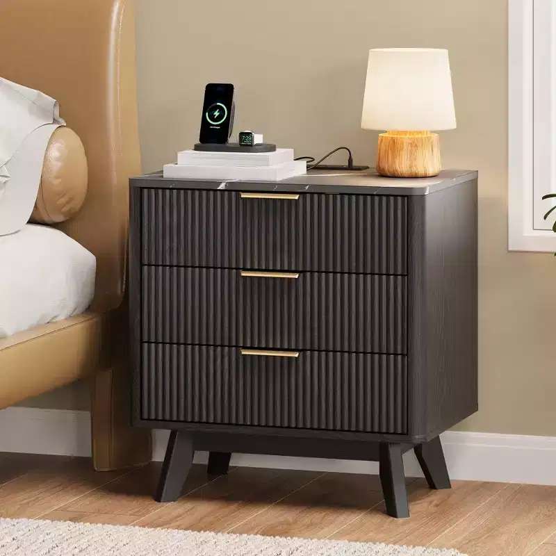 Nightstand, 24'' Bedside Table with Charging Station and 3 Drawers, Mid Century Modern Wood Night Stand for Bedroom, End Table for Living Room