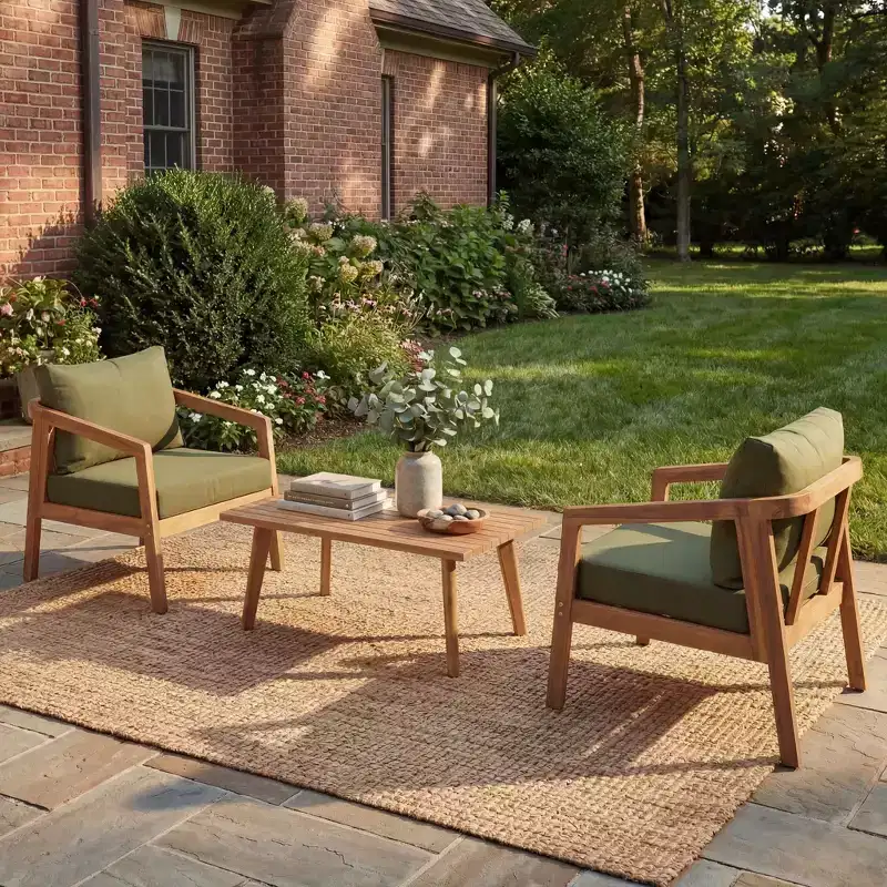 Christopher Knight Home Muhin Modern 3 Piece Acacia Patio Seating Set with Cushion and Rectangular Slatted Table