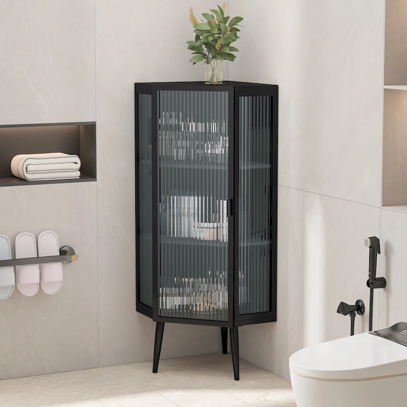 Three Tiers Cabinet with Tempered Glass Doors and Storage Shelves