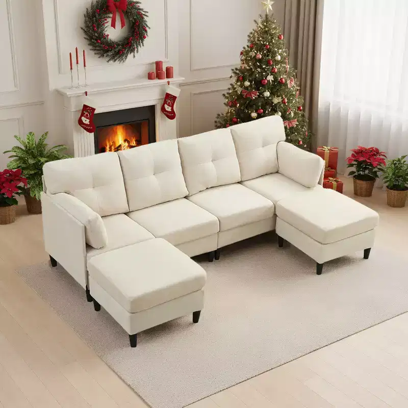 Mjkone Modular Convertible Sectional Sofa Couch, Upholstered Comfy Fabric 4-Seater Sofa with Movable Ottomans