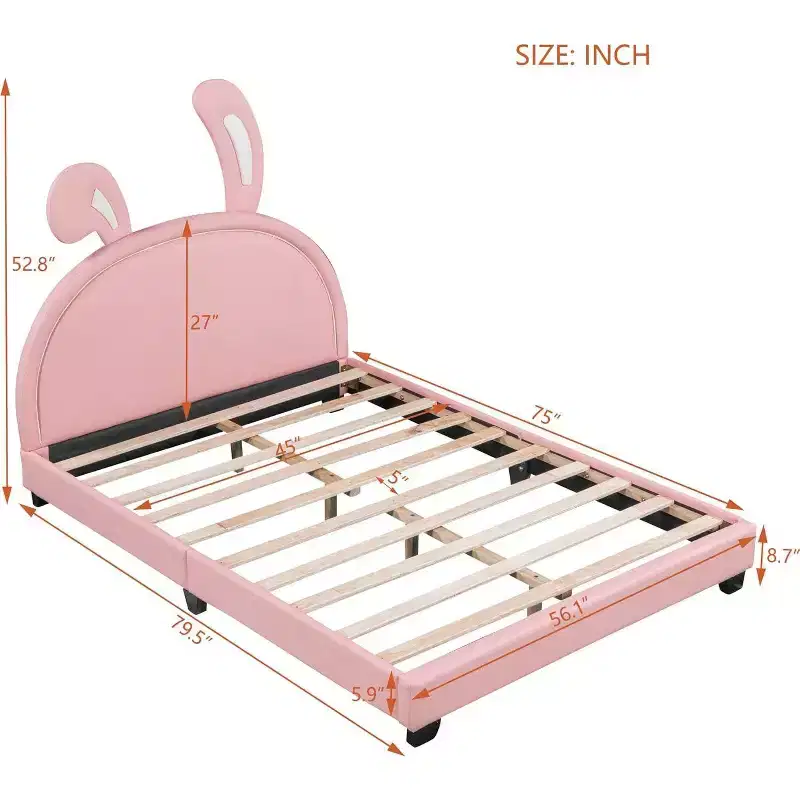 Full Size Upholstered Platform Bed Frame with Ears Headboard, Rabbit Accent for Kids, Slat Support, Pink