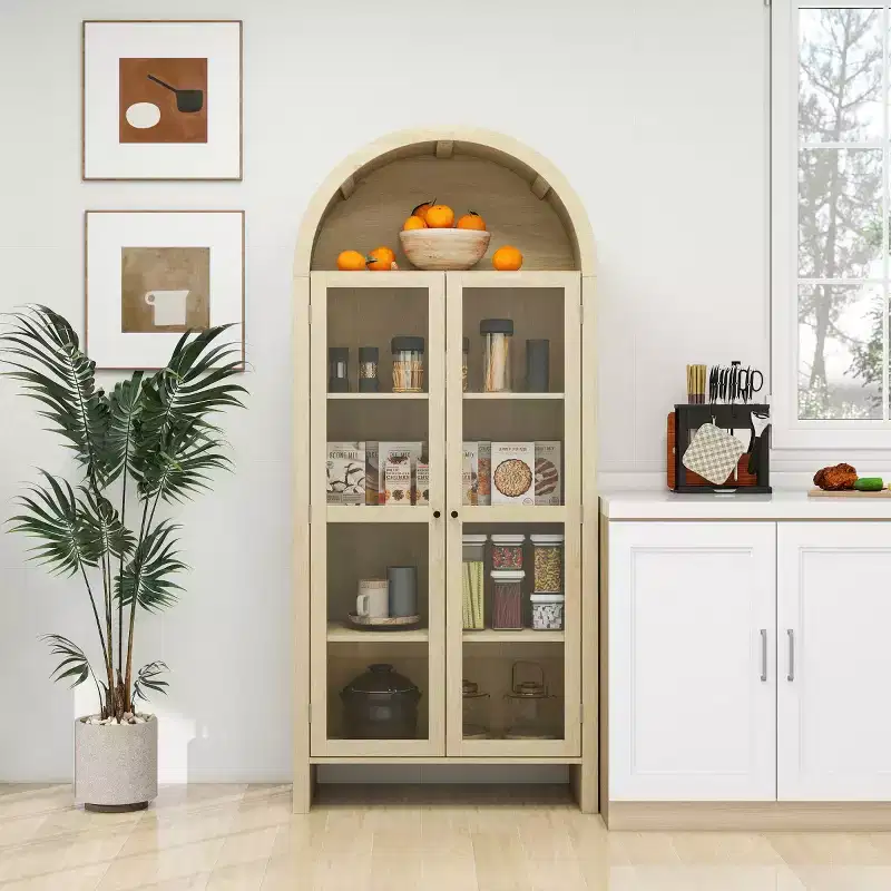 70 Modern Arched Display Cabinet with Glass Doors, Natural Kitchen Storage Cabinet for Dining Room, or Living Room-