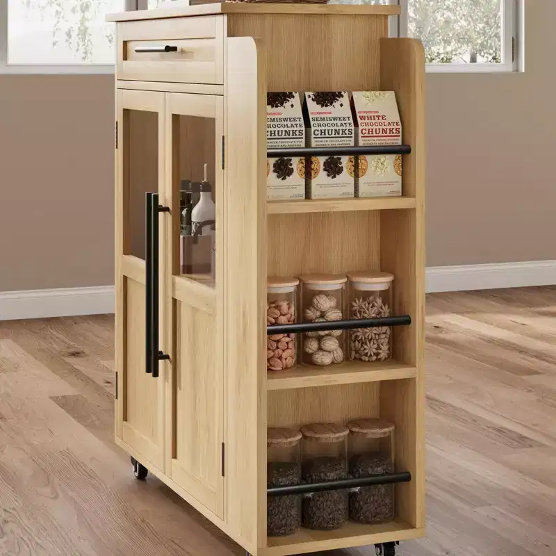 Kitchen Island, 48 Retro Farmhouse Coffee Bar Station with Storage & Glass Door Cabinet, for Dining Room