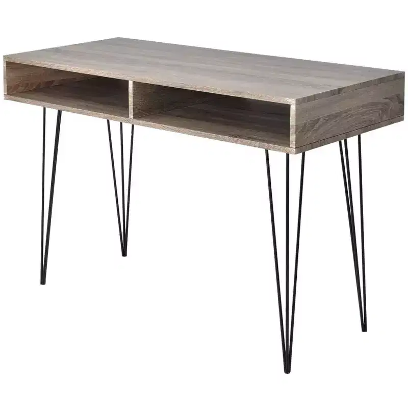 Modern Desk with 2 Open Compartments, Gray Finish, Hairpin Metal Legs, 43x20x30 in